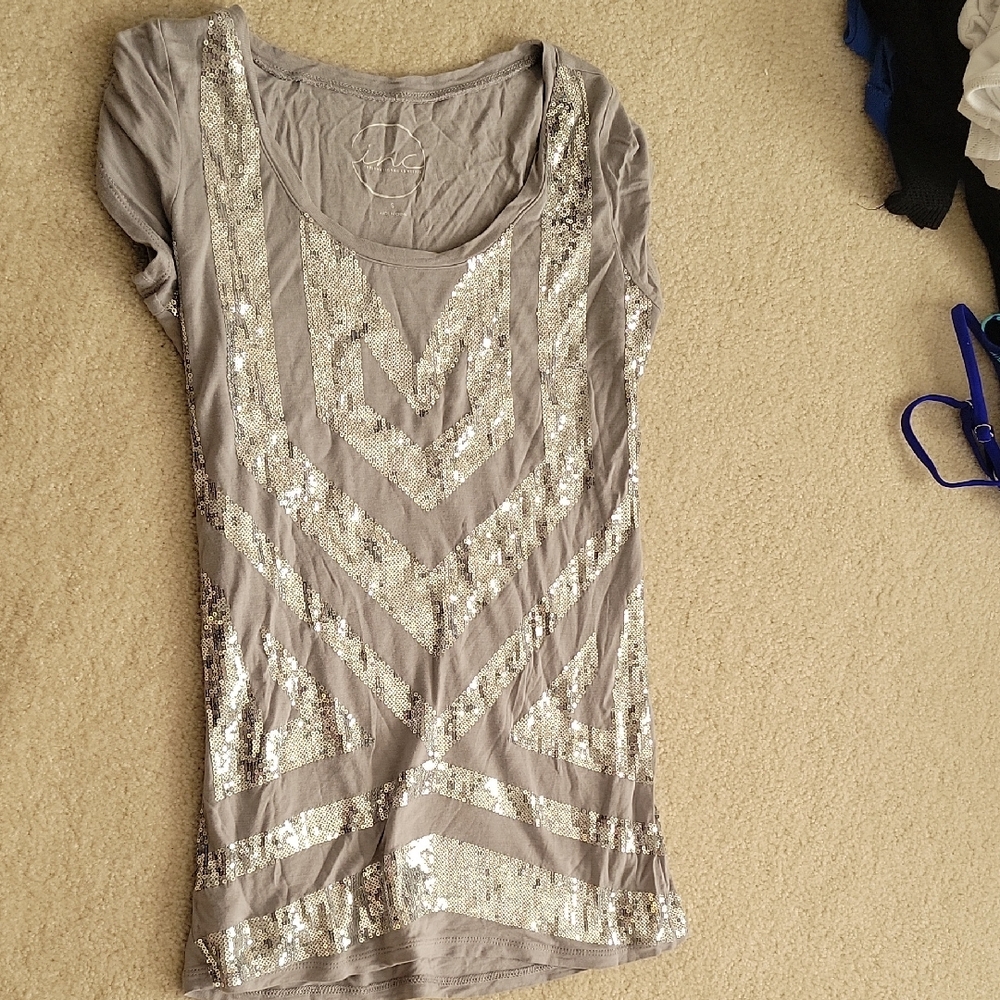 INC International Concepts Silver Sequin Short Sleeve Top